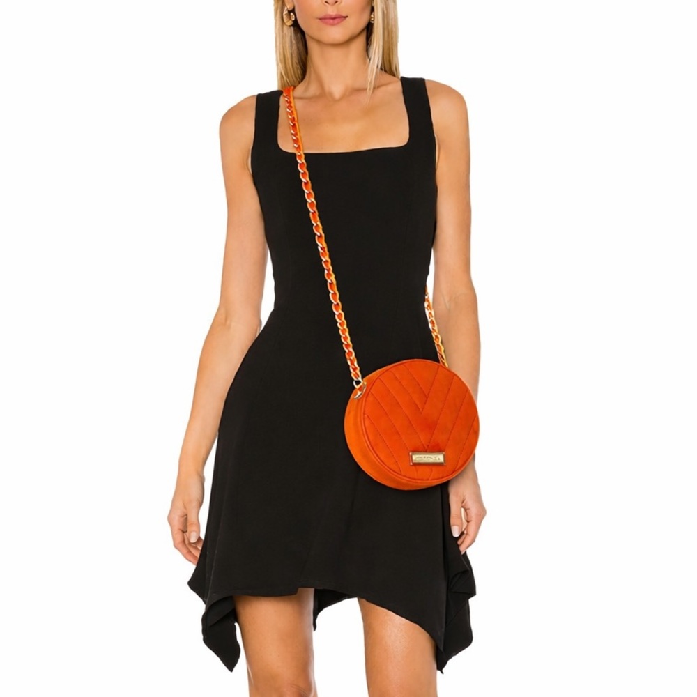 BCBG MaxAzria Orange Faux Suede Quilted Chevron Round Crossbody - Picture 3 of 16